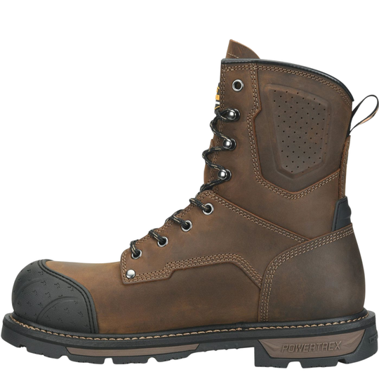 A brown leather work boot with a black toe cap and black laces, shown from a side profile view on a white background.