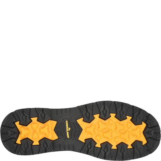 A close-up of a black and yellow industrial shoe sole, showing the tread pattern and the 'carolina' brand name printed in yellow.