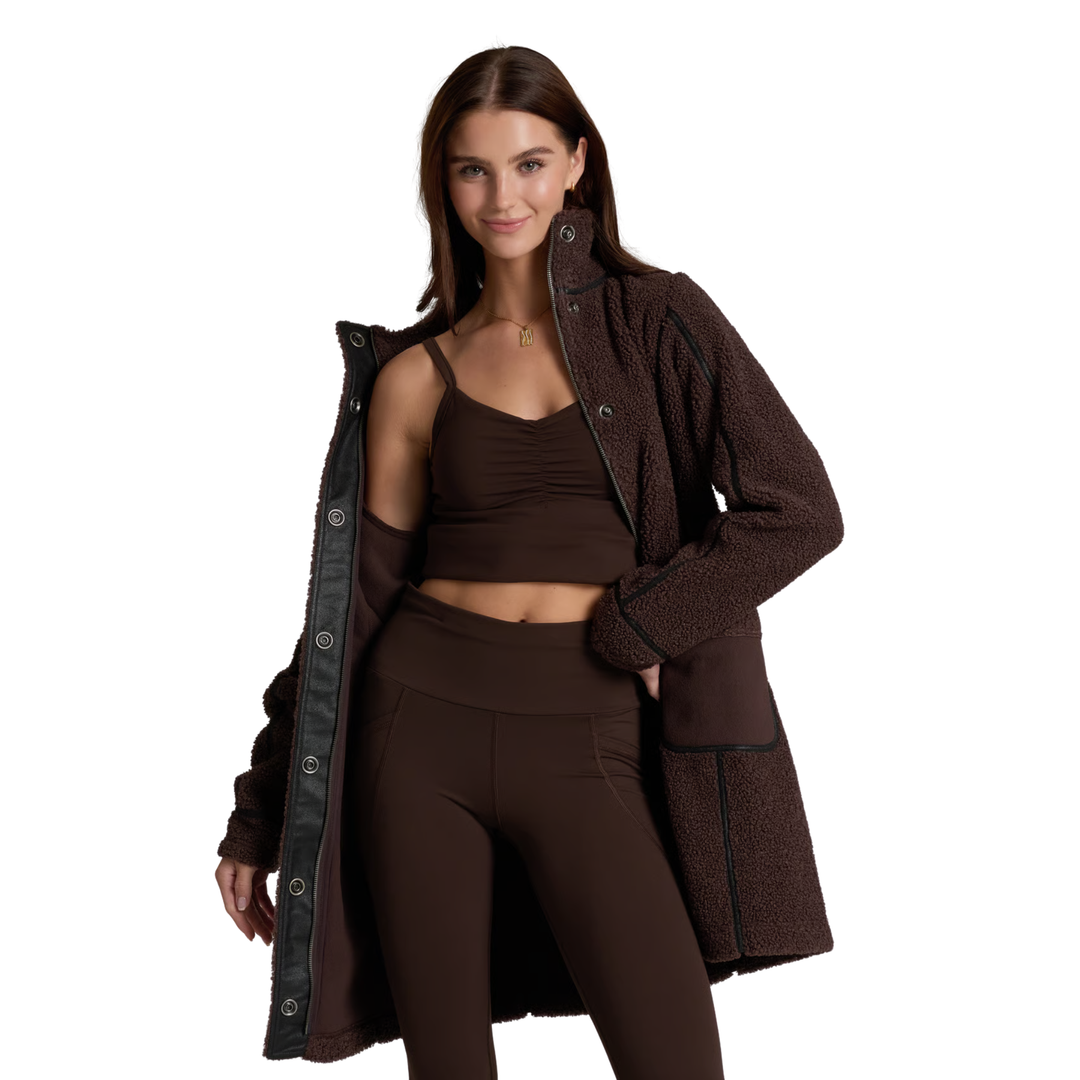 Kuhl Women's Durango Sherpa Long Jacket - French Roast on a female model on a white background