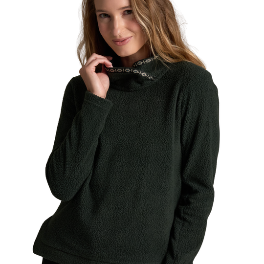 Kuhl Women's Hygge Snap Pullover - Black on female model on a white background