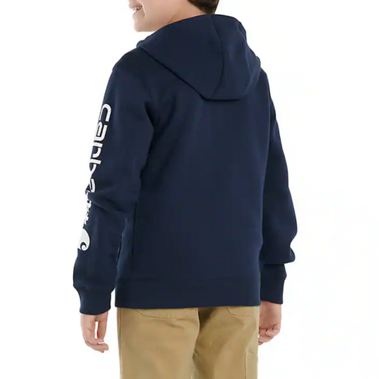 Back of Navy boys' hooded sweatshirt with front pouch pocket on plain white background