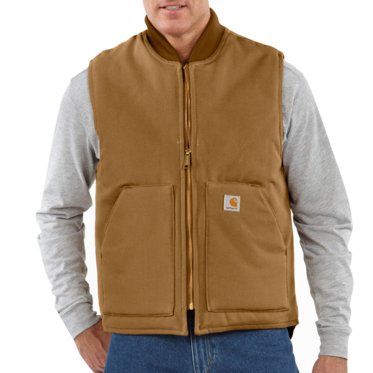 Brown insulated zip-front vest with ribbed collar and front patch pockets over a gray long-sleeve shirt