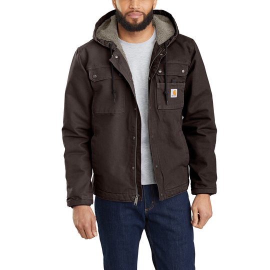 Man wearing a brown jacket with a hood on a white background