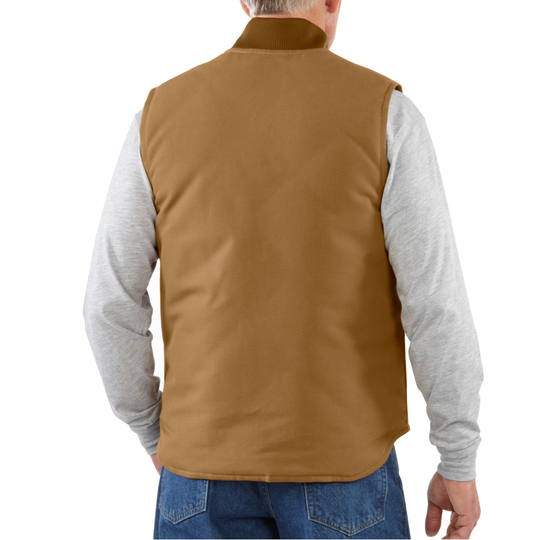 Brown insulated vest with ribbed collar, shown from the back over a gray long-sleeve shirt and jeans