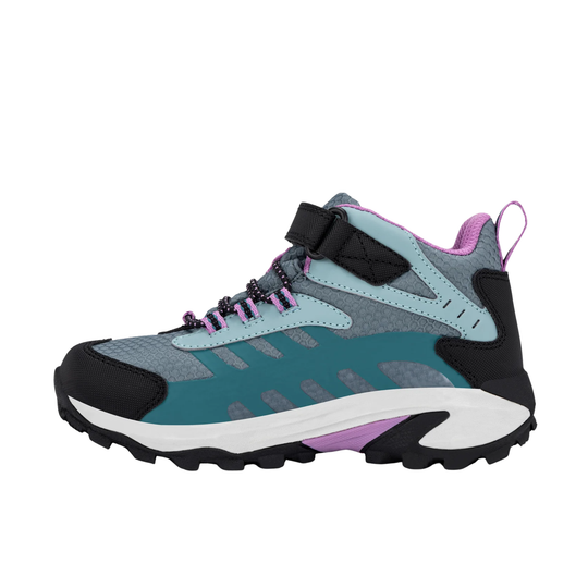 A kids' mid-top hiking shoe in teal, gray, black, and light blue, featuring a hook-and-loop strap closure, purple accents, and a white and black sole, shown against a plain white background.