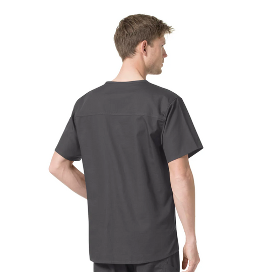 Dark gray short-sleeve scrub top shown from the back on a model.