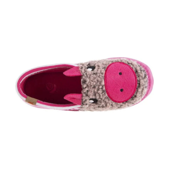 Pink fuzzy animal-face slip-on toddler slipper with embroidered eyes, snout, and ears