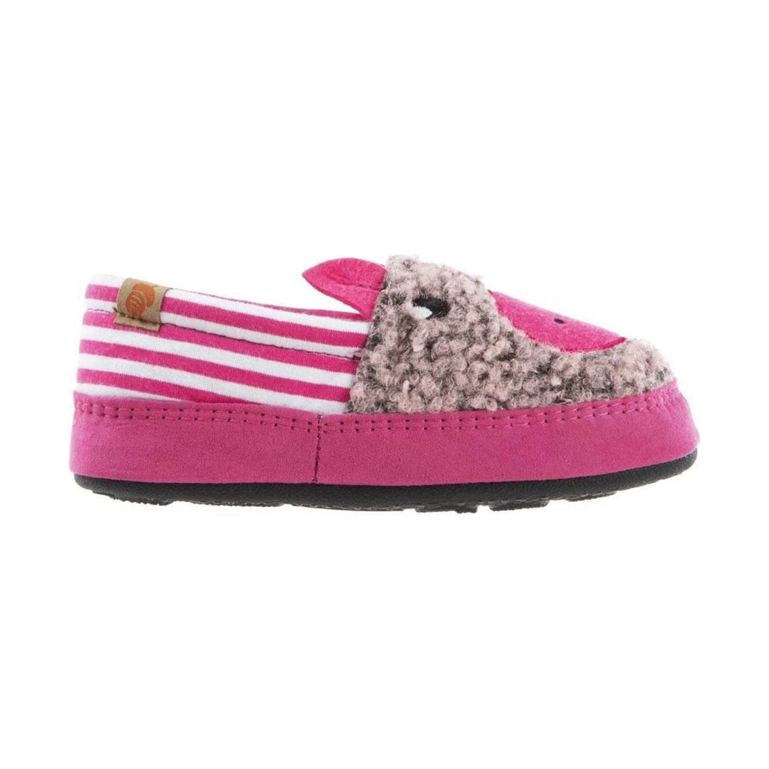 Pink and white striped baby moc slipper with fuzzy animal face and pink trim