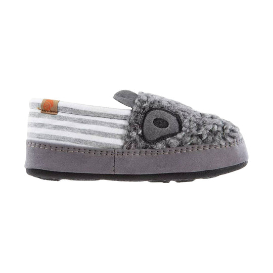 Gray knit toddler slipper with a critter face and striped back heel