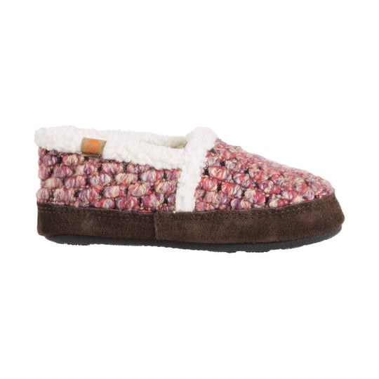 Pink speckled knit slipper moccasin with white faux-fur trim and brown suede sole