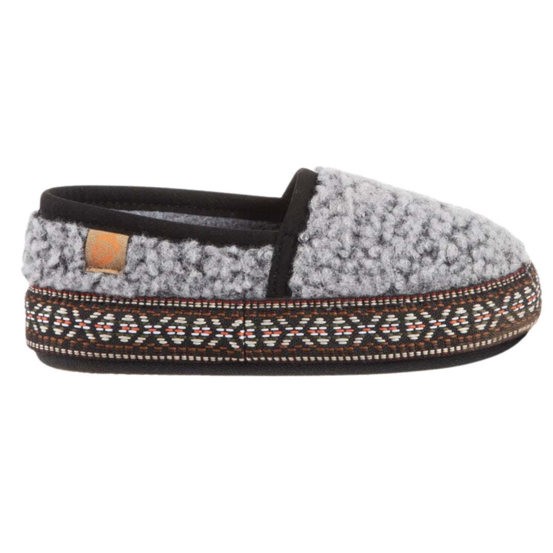 Gray fuzzy slip-on slipper with black trim and patterned woven sole