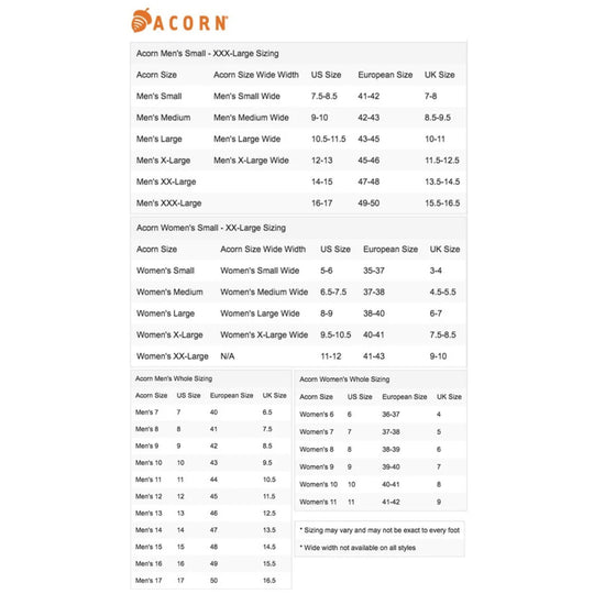 Acorn men's and women's slipper sizing chart with US, European, and UK sizes
