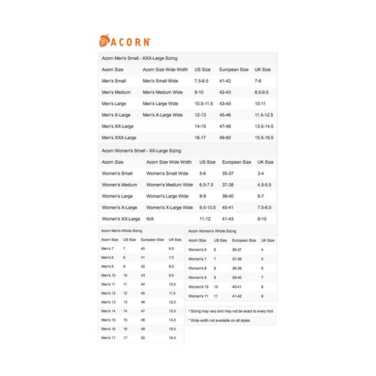 Acorn size chart for men's and women's slippers with US, European, and UK sizes
