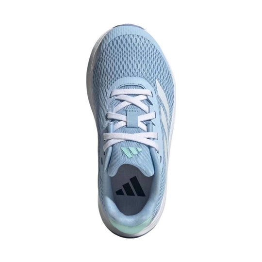 Light blue kids' athletic sneaker with white laces and mesh upper, shown from above