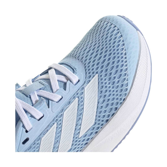 Light blue mesh running shoe with white laces and three white side stripes