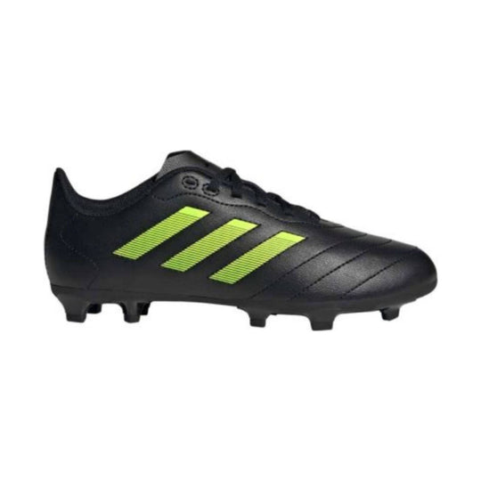 Black low-top soccer cleat with neon yellow side stripes and molded studs, side view
