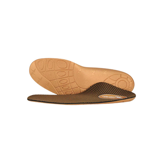 Pair of black-and-tan shoe insoles with textured tread and visible Aetrex logo