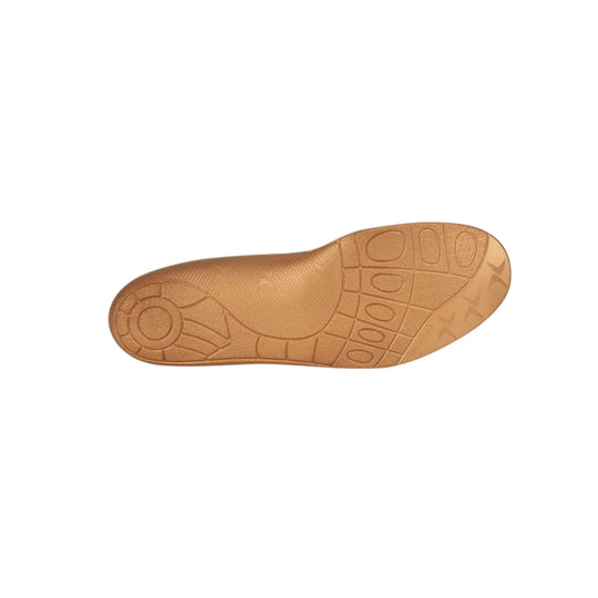 Tan shoe insole with molded arch support and segmented traction pattern on the underside