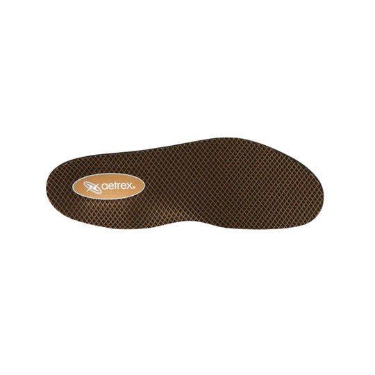 Brown patterned shoe insole with an Aetrex logo patch