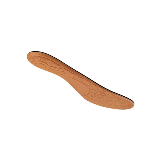 Tan orthotic shoe insert with textured underside and black edge
