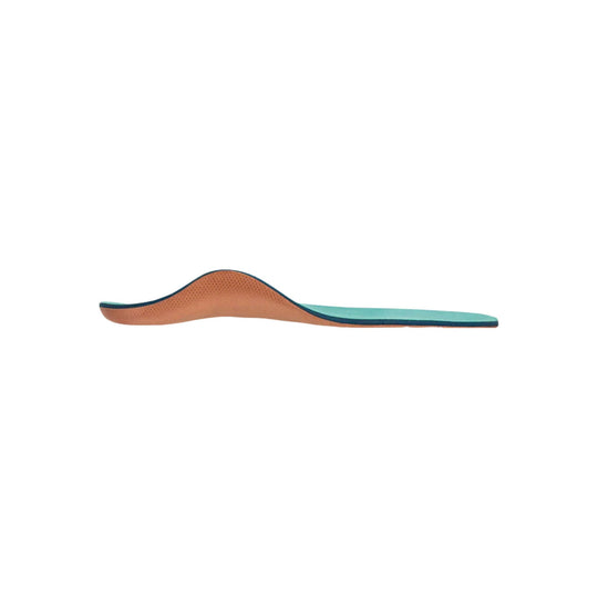 Blue and tan orthotic insole with raised arch support and metatarsal pad, side view