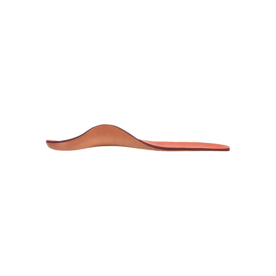 Peach contoured orthotic insert with a high arch in side profile