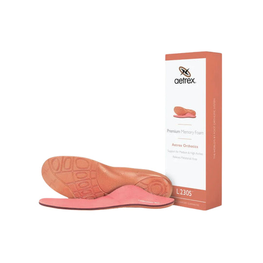 Peach memory foam orthotic insoles with a matching Aetrex box