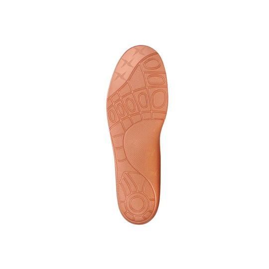 Peach-colored shoe insole with arch support and textured tread pattern