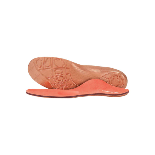 Peach orthotic insoles with contoured arch support, one showing the textured underside and one the top side