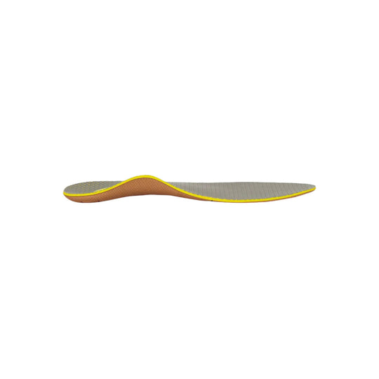 Gray and yellow shoe insole with a contoured arch and textured surface, shown in side view