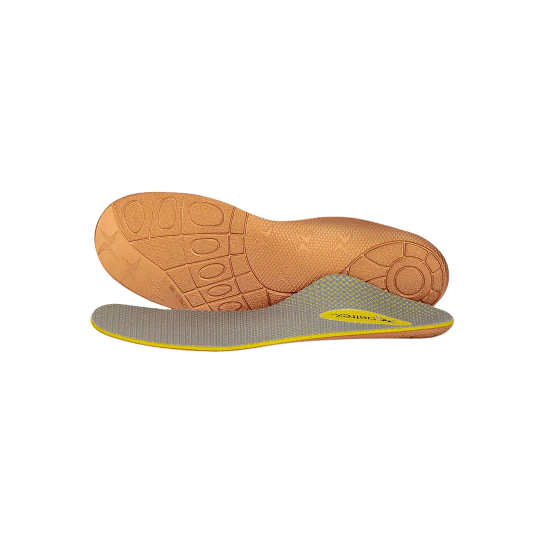 Gray textured shoe insole with yellow edge and a tan underside