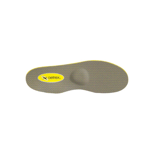 Gray and yellow orthotic shoe insert with a visible Aetrex logo