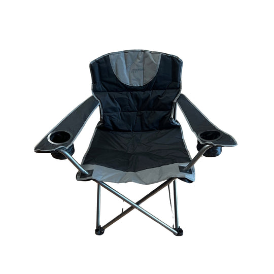 Black-and-gray folding camp chair with cup holders and metal cross-frame