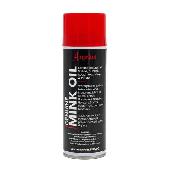 Black aerosol can with red cap labeled Mink Oil, for leather, suede, nubuck, vinyl, and plastic
