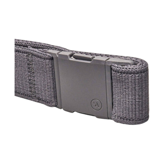 Gray woven webbing belt with a matte gray buckle and small circular logo