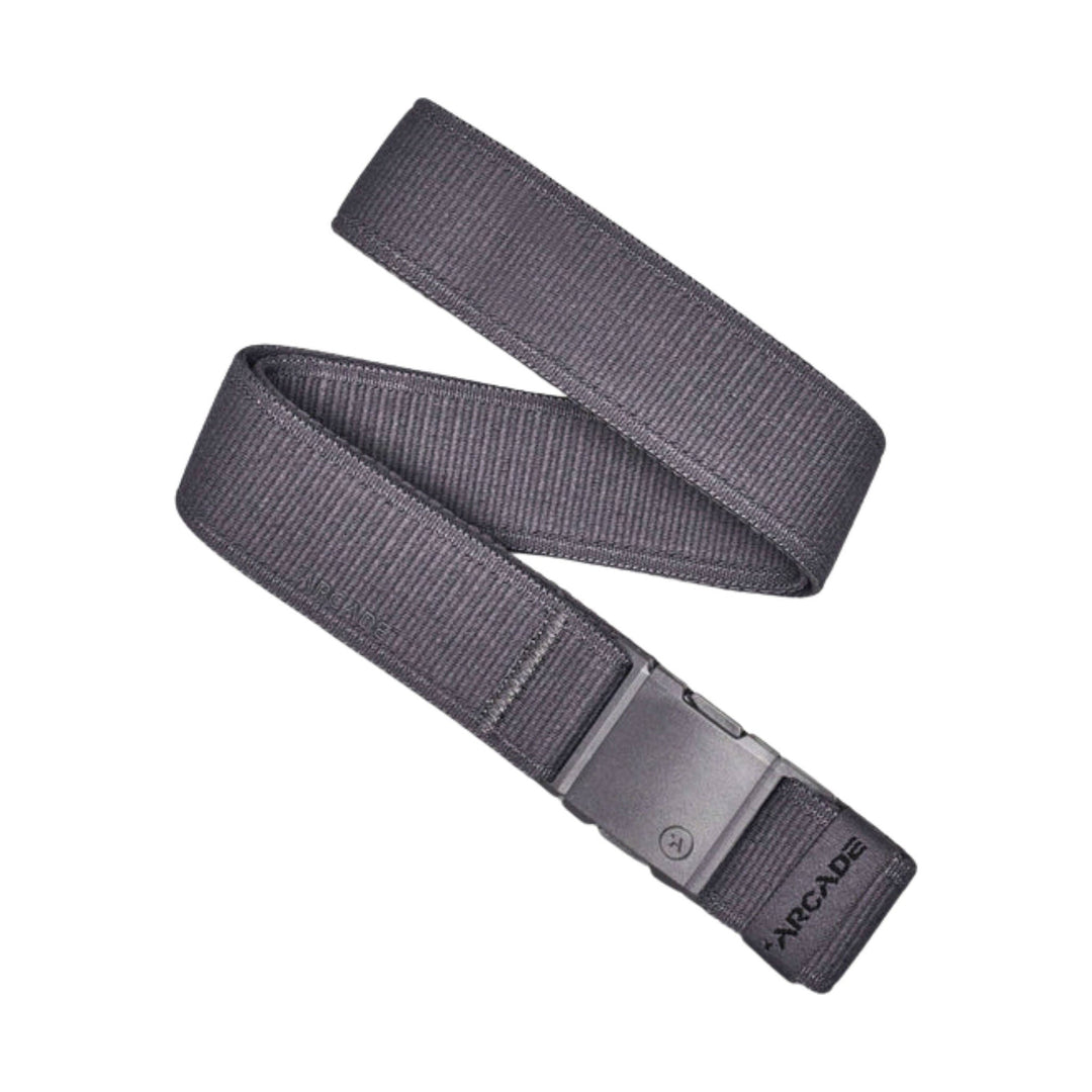 Gray woven webbing belt with a matte metal buckle and visible branding on the end tab