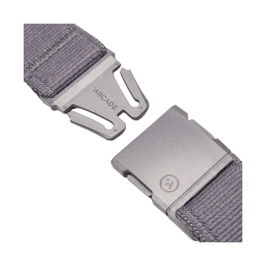Gray woven belt with matte metal buckle and logo