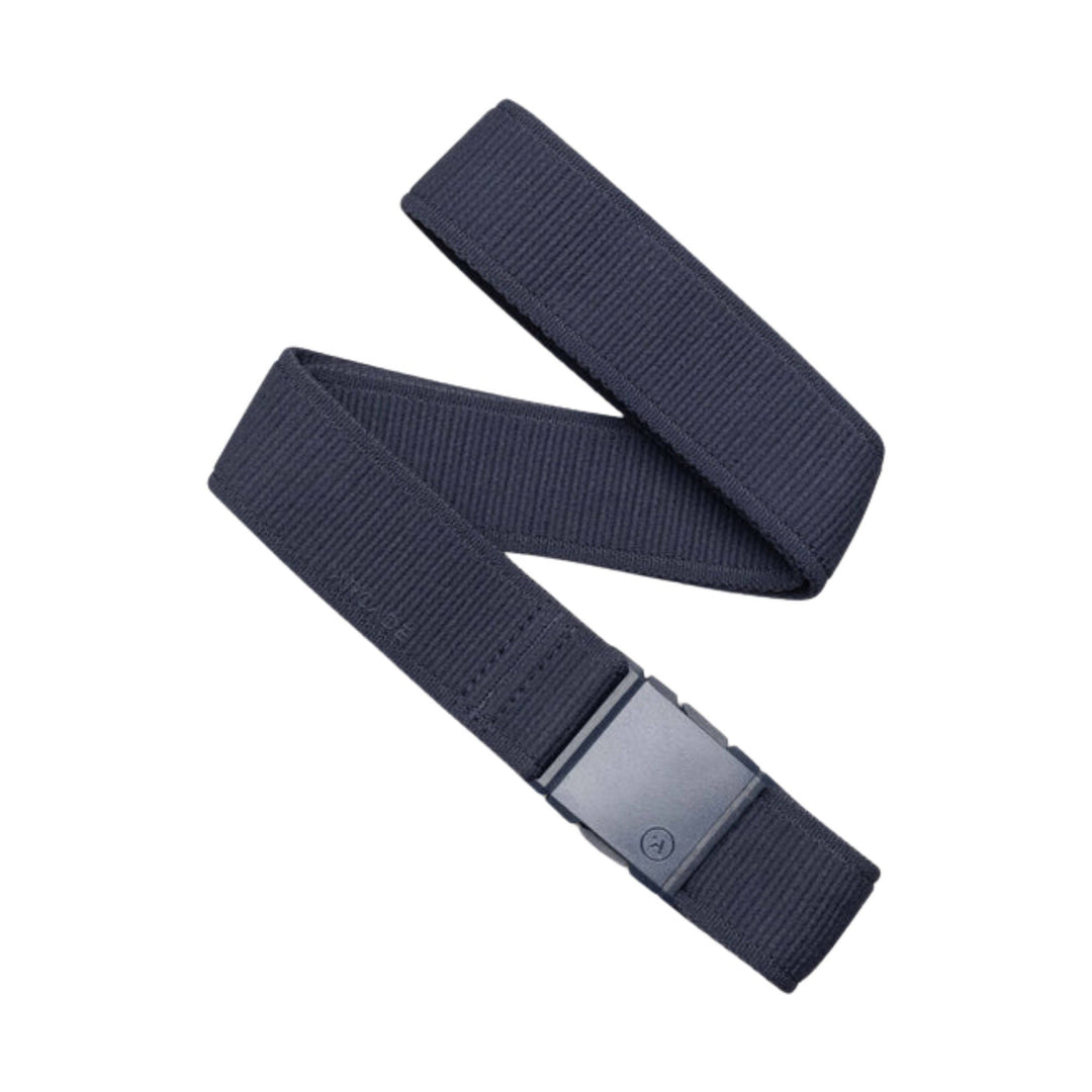 Dark woven belt with a metal buckle and fabric webbing