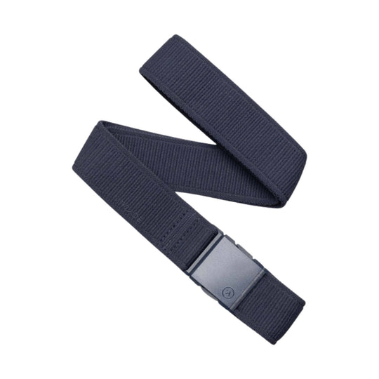 Dark woven belt with a metal buckle and fabric webbing