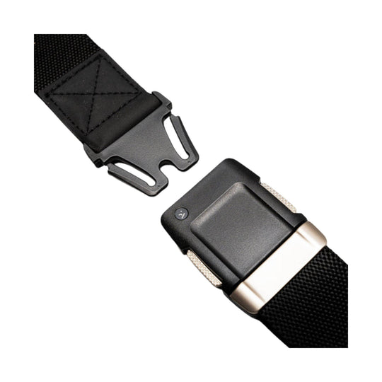 Black webbing belt with quick-release buckle and matte metal clasp