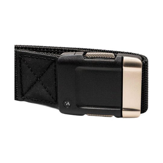 Black woven belt with a matte buckle and brushed metal clasp