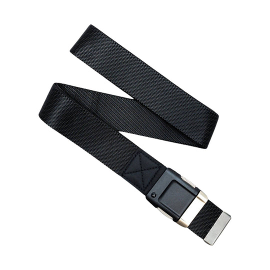 Black woven belt with a metal buckle and black clasp