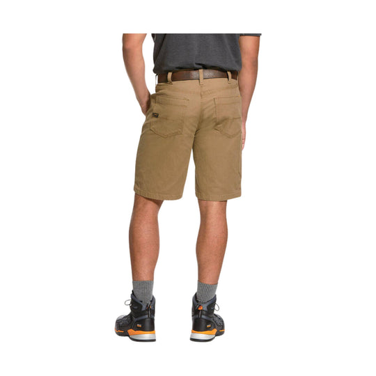 Khaki work shorts shown from the back with belt loops, rear pockets, and a small logo tag