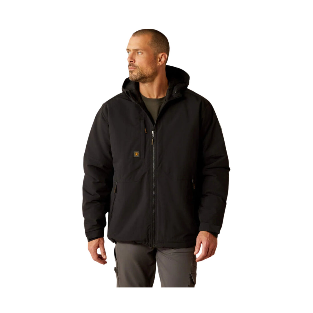 Black hooded insulated jacket with front zipper, zip pockets, and a small chest logo patch