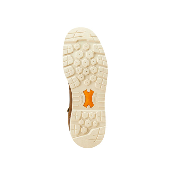 Cream work boot outsole with hex tread and orange shank insert