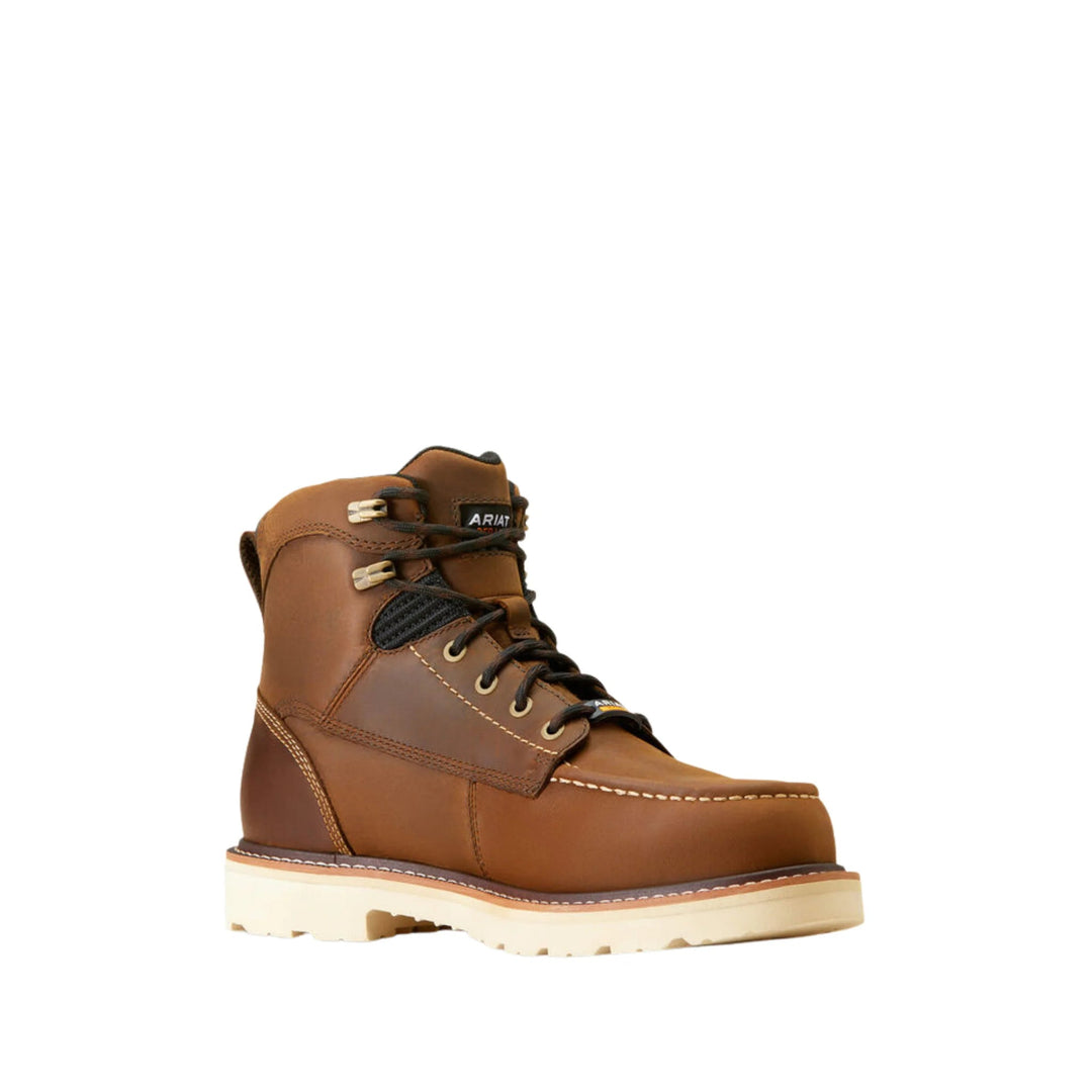 Brown lace-up work boot with a thick light-colored sole and visible Ariat logo on the tongue