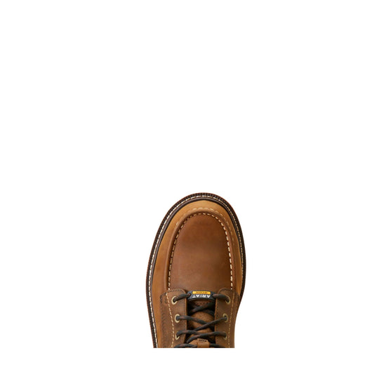 Brown leather lace-up work boot with white stitching and a moc toe, shown from above
