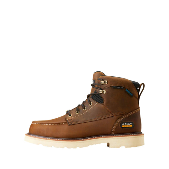 Brown lace-up work boot with a cream outsole and padded collar