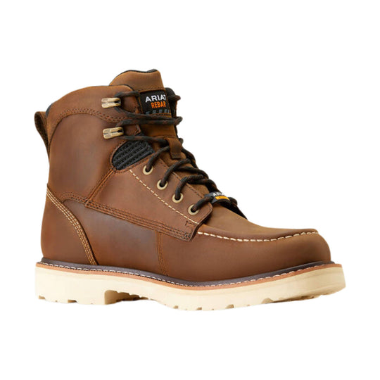 Brown leather lace-up work boot with black laces, padded collar, and light-colored lug sole