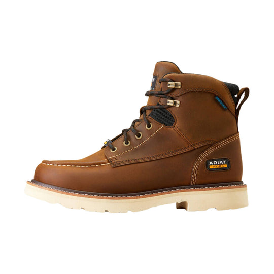 Brown lace-up work boot with metal eyelets, padded collar, and white lug sole